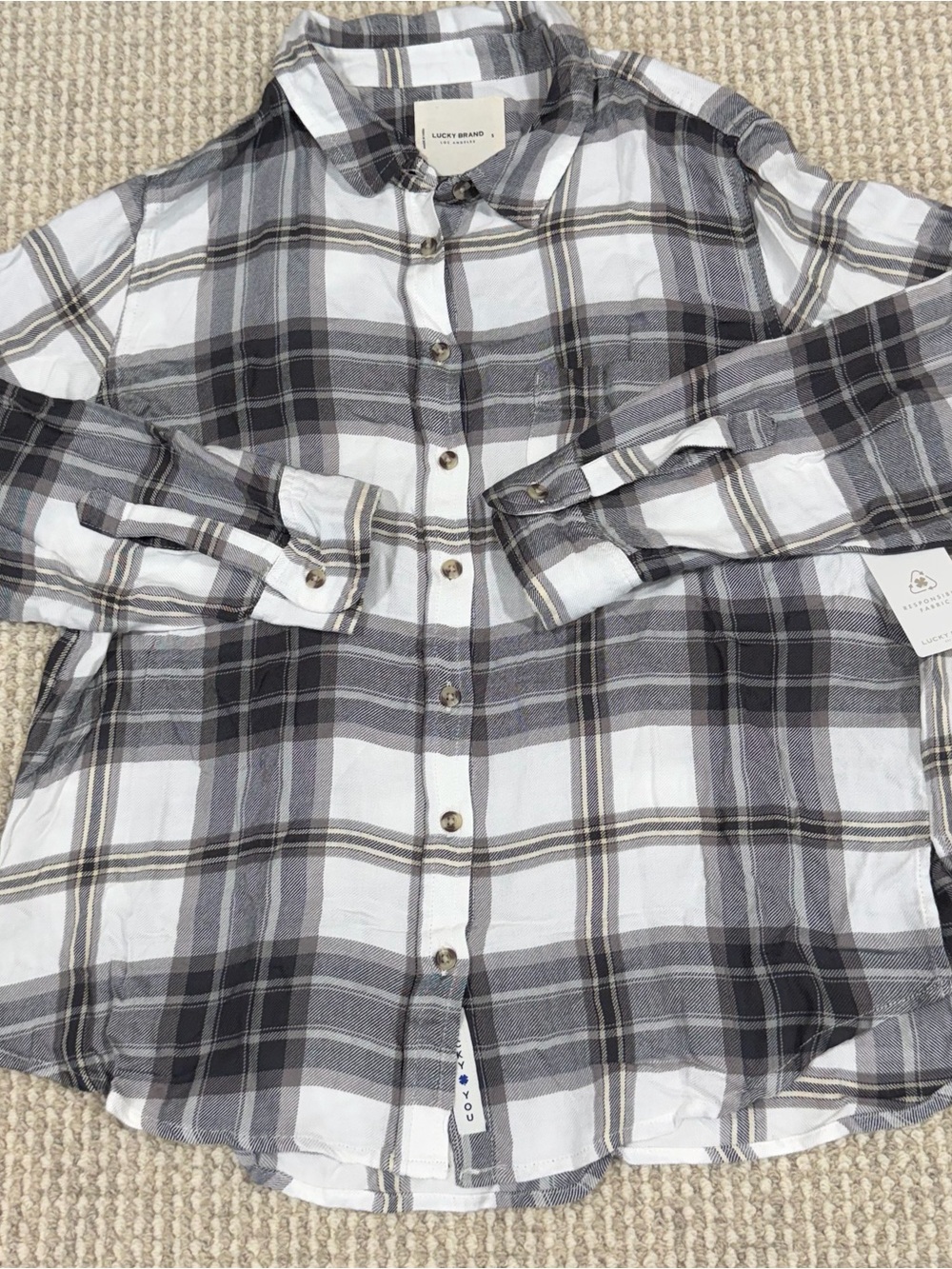 Lucky Brand Cloud Boyfriend Flannel White Black Plaid Shirt Cotton Size S NEW